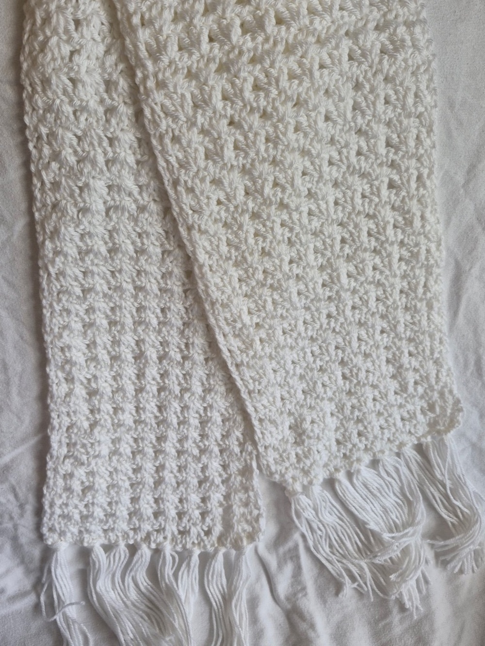 Handmade Crochet White Scarf With Fringe